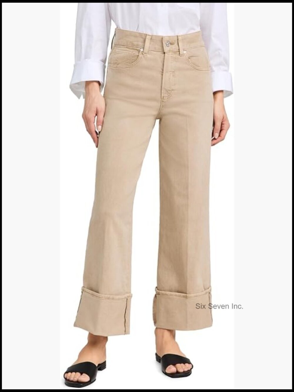 High Rise Wide Leg Ankle Jeans with Cuffs Stretch Denim